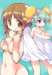  2girls anchovy_(girls_und_panzer) breasts bun_cover commentary_request covering covering_breasts double_bun eyebrows_visible_through_hair girls_und_panzer hair_up kanibasami long_hair looking_at_viewer looking_to_the_side multiple_girls naked_towel navel nishizumi_miho nude short_hair standing sweatdrop towel 