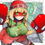  1girl arms_(game) bangs beanie blonde_hair blunt_bangs bob_cut boxing_gloves breasts chinese_clothes dolphin_shorts domino_mask fighting_stance green_eyes hat large_breasts legwear_under_shorts mask min_min_(arms) orange_headwear orange_shorts short_hair shorts teriyaki toaster_(arms) 