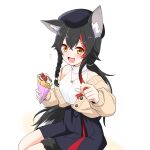  +++ 1girl animal_ears bangs black_hair braid brown_eyes cardigan crepe crossed_bangs dress felutiahime flipped_hair food hair_between_eyes hair_ornament hairclip highres holding holding_food hololive light_blush long_hair looking_at_viewer low_ponytail multicolored_hair off_shoulder ookami_mio red_hair shirt side_braid simple_background sitting sleeveless solo streaked_hair striped tail tail_around_leg tail_wrap turtleneck vertical_stripes very_long_hair virtual_youtuber white_hair white_shirt wolf_ears wolf_girl wolf_tail wrist_cuffs 