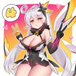  +_+ 1girl :o antenna_hair bangs bare_shoulders black_gloves breasts cleavage ditienan_ddn double_v elbow_gloves gloves hair_between_eyes hair_ornament heart honkai_(series) honkai_impact_3rd kiana_kaslana kiana_kaslana_(herrscher_of_the_void) long_hair mismatched_gloves open_mouth solo v white_hair wings yellow_eyes yellow_gloves 