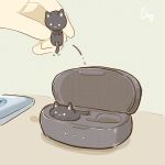  1other :3 animal black_cat blue_background cat cellphone commentary_request hands highres hima_jin_(fd_jin) holding holding_animal holding_cat motion_lines original phone shadow signature smartphone undersized_animal wireless_earphones 