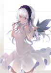  1girl black_wings bloom breasts cowboy_shot day dress eating fingernails food hairband highres indoors lolita_hairband long_hair looking_at_viewer medium_breasts navel nipples no_bra packet pocky rozen_maiden silver_hair solo strapless strapless_dress suigintou thighs tousen translucent very_long_hair white_dress window wings 