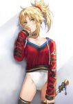  1girl bangs blonde_hair braid breasts closed_mouth collar commentary_request fate/apocrypha fate_(series) french_braid green_eyes hair_ornament hair_scrunchie highres leotard long_hair long_sleeves looking_at_viewer mordred_(fate) mordred_(fate)_(all) parted_bangs ponytail red_sweater scrunchie small_breasts sweater thighs tonee white_leotard 