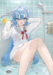  1girl ahoge bangs bare_legs barefoot bathroom bathtub bird blue_eyes blue_hair blue_nails bottomless bra breasts collarbone denpa_onna_to_seishun_otoko drain_(object) duck feet_out_of_frame hair_between_eyes hands_in_hair hands_up knees_together_feet_apart knees_up long_hair looking_at_viewer loose_necktie mi8pq nail_polish neckerchief necktie no_pants on_ground red_bra red_neckwear rubber_duck see-through shampoo_bottle shiny shiny_hair shirt shower_head sitting small_breasts solo tile_floor tile_wall tiles touwa_erio underwear very_long_hair water wet wet_clothes wet_shirt white_shirt 