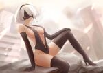  1girl black_gloves black_hairband black_legwear black_swimsuit blindfold boots breasts closed_mouth elbow_gloves gloves hairband hand_on_own_knee highres lips medium_breasts mole mole_under_mouth navel nier_(series) nier_automata one-piece_swimsuit sebu_illust short_hair sideboob sitting skindentation slingshot_swimsuit solo swimsuit thigh_boots thighhighs thighs white_hair yorha_no._2_type_b 