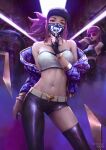  2girls akali artist_name baseball_cap belt bracelet breasts can cheesewoo1 choker cleavage contrapposto crop_top finger_to_mouth fingerless_gloves gloves hair_over_shoulder hat highres holding holding_can jacket jewelry k/da_(league_of_legends) k/da_akali k/da_evelynn league_of_legends lipstick long_hair makeup mask medium_breasts midriff mouth_mask multiple_girls navel neck_ring paint_can ponytail purple_hair purple_jacket shushing single_fingerless_glove single_glove single_thighhigh skirt smoke solo_focus stomach sunglasses talons thighhighs train_interior uneven_legwear yellow_eyes 