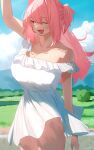  1girl arm_up bangs bare_shoulders blue_sky breasts cleavage dress grass hair_between_eyes highres large_breasts long_hair off_shoulder one_eye_closed open_mouth original outdoors pink_hair rural ryusei_hashida sky strap_slip thighs tree white_dress 