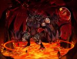  1other claws commentary_request demon demon_wings emon-yu extra_eyes fire full_body magic_circle open_mouth ragnarok_online red_background rock satan_morroc solo standing wings zoom_layer 