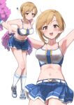  1girl :d absurdres aiba_yumi armpits arms_up bangs bare_shoulders blonde_hair blue_sky blush breasts brown_eyes cheerleader cleavage collarbone commentary_request crop_top eyebrows_visible_through_hair full_body highres idolmaster idolmaster_cinderella_girls looking_at_viewer medium_breasts midriff navel open_mouth pizzasi pleated_skirt pom_pom_(cheerleading) shoes short_hair simple_background skirt sky sleeveless smile sneakers sweat translation_request white_background white_legwear 