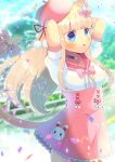  1girl :o animal_ear_fluff animal_ears arms_up bangs beret black_choker blonde_hair blue_eyes blurry blurry_background blush bow breasts cat_ears cat_girl cat_tail choker collarbone day depth_of_field eyebrows_visible_through_hair hat high-waist_skirt indie_virtual_youtuber kou_hiyoyo kurisia long_hair looking_at_viewer medium_breasts outdoors parted_lips pink_bow pink_headwear pink_sailor_collar pink_skirt puffy_short_sleeves puffy_sleeves sailor_collar shirt short_sleeves skirt solo tail tail_bow tail_ornament tail_raised very_long_hair virtual_youtuber white_shirt 