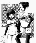  2girls bangs blunt_bangs bra breasts cleavage contrapposto dated elbow_gloves fingerless_gloves fingernails gloves greyscale height_difference lamb-oic029 large_breasts looking_at_viewer monochrome multiple_girls nail_polish navel open_mouth original panties ponytail signature thighhighs underwear underwear_only 