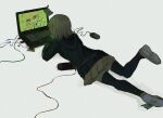  1girl :d alter_ego bangs black_legwear brown_skirt cheek_rest commentary_request computer danganronpa:_trigger_happy_havoc danganronpa_(series) danganronpa_2:_goodbye_despair foot_up from_behind fujisaki_chihiro full_body grey_background hair_between_eyes hand_up handheld_game_console highres hood hood_down laptop long_sleeves lying medium_hair miniskirt mouse_(computer) nanami_chiaki on_stomach open_mouth phone pleated_skirt sema_(vivaviva_02) shoes skirt smile solo thighhighs zettai_ryouiki 