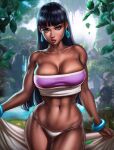  1girl abs bare_shoulders black_hair breasts brown_eyes chel_(the_road_to_el_dorado) cleavage curvy dandon_fuga dark_skin large_breasts lips long_hair looking_at_viewer navel solo the_road_to_el_dorado thick_thighs thighs toned tree water wide_hips 