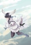  1girl bangs bird_girl bird_tail bird_wings black-headed_ibis_(kemono_friends) black_footwear black_hair black_legwear black_neckwear blush bow bowtie braid brown_eyes cloud commentary_request eyebrows_visible_through_hair flying frilled_sleeves frills fur_collar head_wings highres kemono_friends kotons long_hair long_sleeves mary_janes pantyhose pleated_skirt shirt shoes sidelocks skirt sky solo tail white_fur white_shirt white_skirt wings 