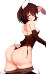  1girl :o animal_ears areola_slip areolae ass back bangs black_gloves black_leotard breasts brown_hair bunny_ears bunny_tail carrot clothes_removed commentary_request contrapposto cowboy_shot elbow_gloves from_behind gloves hagure_kedama hair_between_eyes highres inaba_tewi leotard looking_back medium_breasts parted_lips playboy_bunny red_eyes short_hair simple_background solo strapless strapless_leotard tail touhou wet white_background 