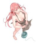  1girl akashi_(kancolle) apron breasts brown_apron collarbone electric_fan eyebrows_visible_through_hair green_eyes hair_between_eyes hair_ribbon highres kantai_collection large_breasts long_hair naked_apron open_mouth pink_hair red_ribbon ribbon simple_background solo tress_ribbon white_background yuuji_(and) 