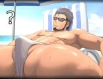  1boy ? abs bara beard bulge crotch dungeon_and_fighter erection erection_under_clothes facial_hair foreshortening hair_slicked_back large_pectorals lying male_focus male_priest_(dungeon_and_fighter) male_swimwear mature_male muscular muscular_male nipples on_back pectorals short_hair solo stomach sweat swim_briefs takejirog thick_thighs thighs topless_male white_male_swimwear 