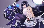  2girls bag bare_arms black_hair blonde_hair blush braid breasts collared_dress commentary cosmog crossed_legs dress eyelashes gen_7_pokemon green_eyes highres holding_strap legendary_pokemon light_blush lillie_(pokemon) long_hair lusamine_(pokemon) mother_and_daughter multicolored_hair multiple_girls norza pantyhose pokemon pokemon_(creature) pokemon_(game) pokemon_sm purple_legwear revision signature sleeveless sleeveless_dress smile twin_braids two-tone_hair white_bag yellow_eyes 