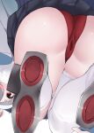  1girl animal_ears ass azur_lane bunny_ears cameltoe commentary_request dutch_angle looking_at_viewer ootani_nonno panties pleated_skirt pussy_juice pussy_juice_stain red_eyes red_panties shirayuki_(azur_lane) silver_hair simple_background skirt thick_eyebrows thighhighs thighs underwear white_background white_legwear 