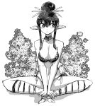 1girl :&lt; bare_arms bare_shoulders breasts bright_pupils cleavage closed_mouth fingernails greyscale hair_bun indian_style lamb-oic029 large_breasts monochrome original pointy_ears sitting socks solo white_background white_pupils 