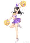  1girl :d arm_up armpits bare_arms bare_legs black_hair blue_eyes bow bow_hairband cheerleader clothes_writing copyright_request crop_top from_side full_body hairband leg_up looking_at_viewer looking_to_the_side miniskirt navel open_mouth pleated_skirt pom_pom_(cheerleading) purple_bow purple_hairband purple_skirt shoes skirt sleeveless smile sneakers solo standing standing_on_one_leg star_(symbol) tony_taka white_footwear 