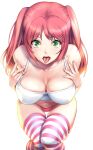  1girl bare_shoulders breasts camisole fingernails green_eyes hands_up highres large_breasts long_hair looking_at_viewer navel original panties pink_legwear pink_panties red_hair saigado signature simple_background solo stomach striped striped_legwear thighhighs tongue tongue_out twintails underwear white_background white_camisole 