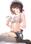  1girl bare_arms bare_shoulders belt beret black_footwear black_hair blue_eyes blue_shorts boots breasts frown grey_headwear grey_legwear hat highres hip_vent hololive looking_at_viewer medium_breasts midriff navel oozora_subaru open_mouth over-kneehighs short_hair short_shorts shorts simple_background sitting solo sports_bra stomach subaru_duck thighhighs thighs virtual_youtuber wariza white_background yougen_kitsune 