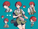 1girl :o bare_arms bare_legs blue_background camera camera_on_neck chibi closed_eyes collage commentary_request cowboy_shot danganronpa_(series) danganronpa_2:_goodbye_despair dress freckles full_body green_dress green_eyes hand_on_own_cheek hand_on_own_face happy kiri_(2htkz) koizumi_mahiru looking_at_object looking_at_viewer multiple_views necktie open_mouth plaid_neckwear profile red_hair short_hair short_sleeves simple_background surprised upper_body 
