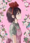 1girl blush breasts brown_hair bug butterfly eyebrows_visible_through_hair floral_background flower from_side grey_eyes hairband highres insect kiki leaf majo_no_takkyuubin pink_background pink_flower red_flower red_hairband saya_(mychristian2) short_sleeves small_breasts solo 