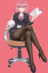  1girl absurdres arasa_ol_haman-sama bangs black_jacket breasts collared_shirt crossed_legs eyebrows_visible_through_hair gundam haman_karn highres holding holding_paper id_card iwasaki_masakazu jacket medium_breasts office_lady official_art pantyhose paper pink_hair purple_shirt qubeley red_background shirt short_hair sitting solo stuffed_toy suit_jacket v-shaped_eyebrows 