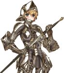  1girl armor blonde_hair blue_eyes blush boobplate breasts cowboy_shot faulds full_armor gauntlets hair_between_eyes helmet holding holding_sword holding_weapon keuma knight large_breasts original plate_armor sheath shiny shiny_clothes short_hair solo standing sweatdrop sword thigh_gap unsheathing weapon white_background zweihander 