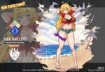  ! 1girl 2021 ? ahoge arms_up artist_name beach blonde_hair breasts character_name cleavage collarbone dated earrings english_commentary english_text eyebrows_visible_through_hair full_body hair_between_eyes hoop_earrings jewelry large_breasts long_hair looking_at_viewer midriff multiple_views navel outdoors parted_lips rwby sand short_shorts shorts smile standing star_(symbol) tabletknight teeth water watermark yang_xiao_long 