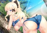  1girl ass bangs bare_shoulders bent_over bikini black_bow blonde_hair blush bow breasts elf flower green_bikini hair_bow hair_flower hair_ornament ichio large_breasts layered_bikini long_hair looking_at_viewer looking_back nipples pointy_ears princess_connect! saren_(princess_connect!) smile solo swimsuit thighs 