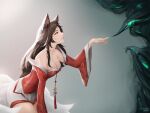  1girl ahri animal_ears artist_name black_hair breasts cheesewoo1 cleavage colored_smoke dress facial_mark fox_ears fox_girl fox_tail from_side hair_over_shoulder hand_up highres korean_clothes kumiho large_breasts league_of_legends long_hair parted_lips pointing reaching_out short_dress smoke solo tail tassel yellow_eyes 