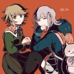  1boy 1girl animal_bag backpack bag bangs black_jacket black_legwear black_ribbon black_skirt brown_hair cat_bag commentary_request danganronpa:_trigger_happy_havoc danganronpa_(series) danganronpa_2:_goodbye_despair dated flipped_hair from_side fujisaki_chihiro green_eyes green_jacket hair_ornament hairclip hand_up head_rest hood hood_down jacket kiri_(2htkz) looking_at_viewer nanami_chiaki neck_ribbon otoko_no_ko pink_eyes pink_hair red_background ribbon short_hair simple_background sitting skirt smile spaceship_hair_ornament thighhighs zettai_ryouiki 