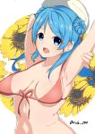  1girl absurdres bikini blue_eyes breasts double_bun flower highres kantai_collection kirchoff large_breasts long_hair looking_at_viewer one-hour_drawing_challenge simple_background smile sunflower swimsuit urakaze_(kancolle) 
