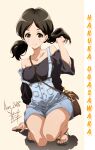  1girl bag bangs black_hair black_shirt blue_shorts brown_eyes casual character_name collarbone dated full_body hair_ornament hand_in_hair handbag hibike!_euphonium highres holding holding_hair long_hair looking_at_viewer low_twintails nii_manabu off-shoulder_shirt off_shoulder ogasawara_haruka overall_shorts overalls parted_bangs sandals shiny shiny_hair shirt short_shorts shorts signature smile solo squatting suspenders toes twintails 