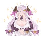  1girl apron artist_request blue_eyes blush bow breasts bright_pupils cheek_pinching cleavage cleavage_cutout clothing_cutout disembodied_limb draph frilled_apron frills granblue_fantasy hair_bow hair_ornament hair_over_one_eye heart heart_hair_ornament horn_bow horn_ornament horns large_breasts light_purple_hair long_hair low-tied_long_hair narmaya_(granblue_fantasy) pinching pointy_ears solo_focus sparkle sweater very_long_hair 