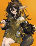  1girl animal_ears arknights bangs black_bow black_eyes black_hair bow cup fox_ears fox_tail hair_between_eyes hairband highres holding holding_cup lanzi_(415460661) long_hair long_sleeves looking_at_viewer official_alternate_costume orange_background perfumer_(arknights) perfumer_(leisurely_afternoon)_(arknights) simple_background tail yellow_bow 