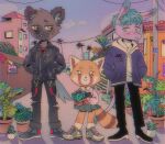 1girl 2boys aggressive_retsuko animal_ears architecture blue_eyes blush brown_eyes building casual cerealnei chain cloud concrete donkey fang fence flag furry green_eyes haida_(aggretsuko) holding hyena jacket leather leather_jacket long_sleeves looking_at_viewer multiple_boys palm_tree pastel_colors patch plant pole power_lines punk red_panda retsuko sanrio sharp_teeth shirt shoes skirt sneakers socks t-shirt tadano_(aggretsuko) tail teeth torn_clothes tree writing zipper 