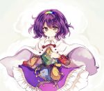  1girl artist_request bangs chibi cloak closed_mouth dress gradient hairband long_sleeves looking_at_viewer multicolored multicolored_clothes multicolored_dress multicolored_hairband purple_eyes purple_hair rainbow_gradient short_hair smile solo tenkyuu_chimata touhou 