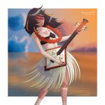  absurdres alpen alternate_costume black_hair closed_eyes genshin_impact grass_skirt guitar highres hula instrument music open_mouth playing_instrument smile tan tanlines xinyan_(genshin_impact) 