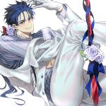  1boy alternate_costume blue_hair cu_chulainn_(fate)_(all) cu_chulainn_(fate/stay_night) earrings fate/stay_night fate_(series) flower formal gae_bolg_(fate) gloves grin highres jacket jewelry long_hair long_sleeves looking_at_viewer male_focus pants ponytail red_eyes ribbon rose shirt simple_background smile solo spiked_hair striped striped_shirt suit tarako_(kubo315) white_flower white_gloves white_rose white_suit 
