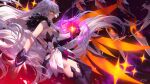  1girl angry ass back bangs bare_shoulders black_gloves black_legwear breasts ein_lee elbow_gloves gloves hair_between_eyes hair_ornament honkai_(series) honkai_impact_3rd kiana_kaslana kiana_kaslana_(herrscher_of_the_void) long_hair looking_at_viewer looking_back mismatched_gloves open_mouth outstretched_arm polearm sideboob solo spear teeth thighhighs weapon white_gloves white_hair wings yellow_eyes 