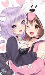  2girls :d ;d animal_ears animal_hood bangs blunt_bangs blush breasts brown_eyes cat_ears cat_tail commentary_request dog_hood eyebrows_visible_through_hair heart highres hololive hood inugami_korone isuka looking_at_viewer medium_breasts multiple_girls nekomata_okayu one_eye_closed open_mouth purple_eyes signature simple_background smile tail virtual_youtuber white_background 