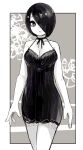  1girl bare_arms bare_shoulders border breasts choker cleavage closed_mouth copyright_request cowboy_shot dress greyscale hair_over_one_eye lamb-oic029 looking_at_viewer monochrome neck_ribbon nightgown one_eye_covered outside_border ribbon short_hair solo standing white_border 