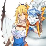  1girl absurdres ayuria barioth blonde_hair blue_eyes bone_hair_ornament breasts cleavage cleavage_cutout clothing_cutout hair_ornament highres large_breasts monster_hunter_(series) monster_hunter_stories monster_hunter_stories_2 zone25388591 