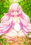  1girl ahoge artist_name bangs bare_shoulders bird_legs breasts commentary_request egg eyebrows_visible_through_hair feathered_wings feathers hair_between_eyes harpy highres holding holding_egg long_hair medium_breasts monster_girl natsuring0 open_mouth original pink_eyes pink_feathers pink_hair pink_wings talons tree_branch winged_arms wings 