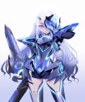  1girl armor armored_dress blue_armor blue_dress blue_legwear breastplate breasts choco_(chocolate_shop) dress fate/grand_order fate_(series) faulds highres lancelot_(fairy_knight)_(fate) long_hair mask parted_lips pauldrons short_dress shoulder_armor sidelocks small_breasts solo thighs weapon white_hair yellow_eyes 