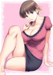  1girl :d arm_support bare_legs black_skirt braid braided_bun breasts brown_eyes brown_hair cleavage earrings finger_to_mouth index_finger_raised jewelry knee_up large_breasts looking_at_viewer mature_female miniskirt open_mouth original pencil_skirt pink_background pink_shirt puffy_short_sleeves puffy_sleeves saigado shirt short_sleeves shushing simple_background skirt smile solo stud_earrings 